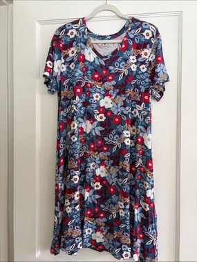 NWOT Floral V-Neck Short Sleeve Swing Dress WITH POCKETS in Blue and Red